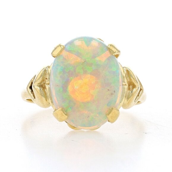 Yellow Gold Opal Cocktail Solitaire Ring - 14k Oval Cabochon 3.73ct